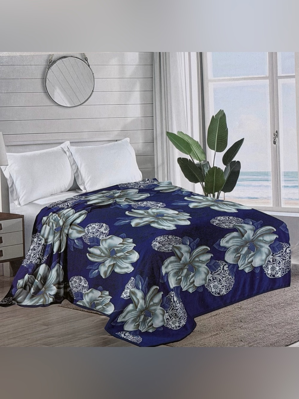 Floral king size flannel blanket in Navy Blue soft thick cozy warm blue silver
